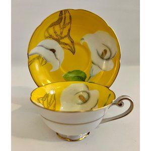 Vintage Wako Occupied Japan Yellow Tea Cup And Saucer Lily Pattern Gold Gilt Tri